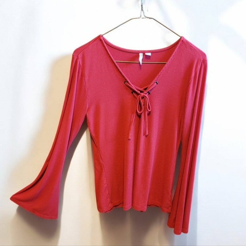 Cato Women's Top Size M Flare Long Sleeve Orange Rib knit Lace up T24